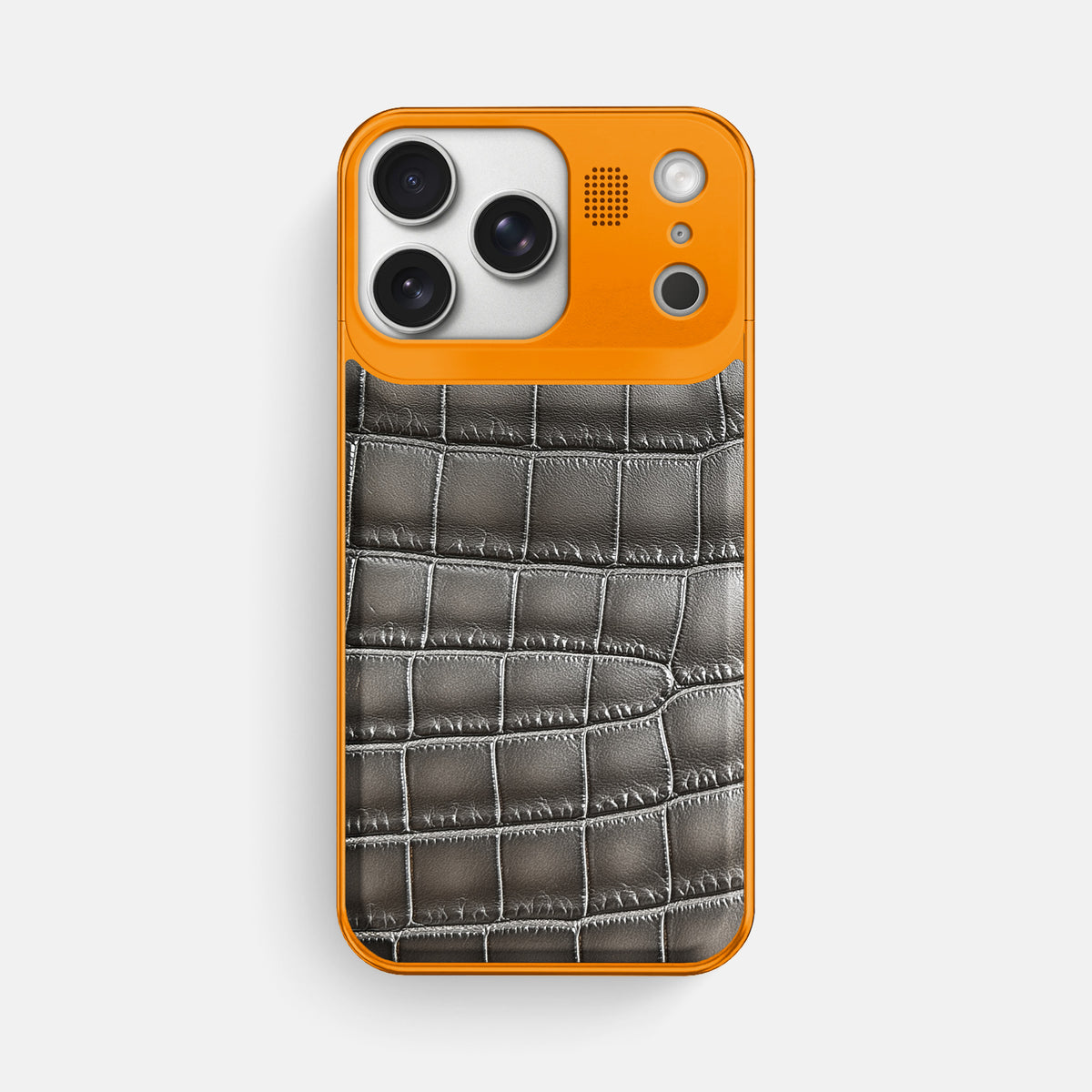 Metal Case For iPhone 17 Pro Max In Patina Alligator -1 | Grey-Orange
