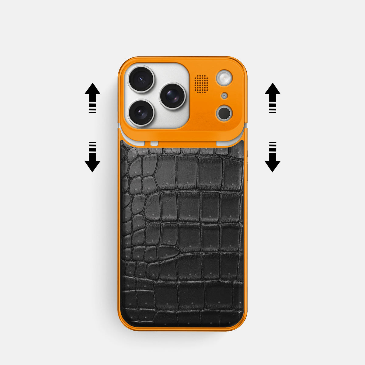 Metal Case For iPhone 17 Pro In Porosus Crocodile -2 | Black-Orange