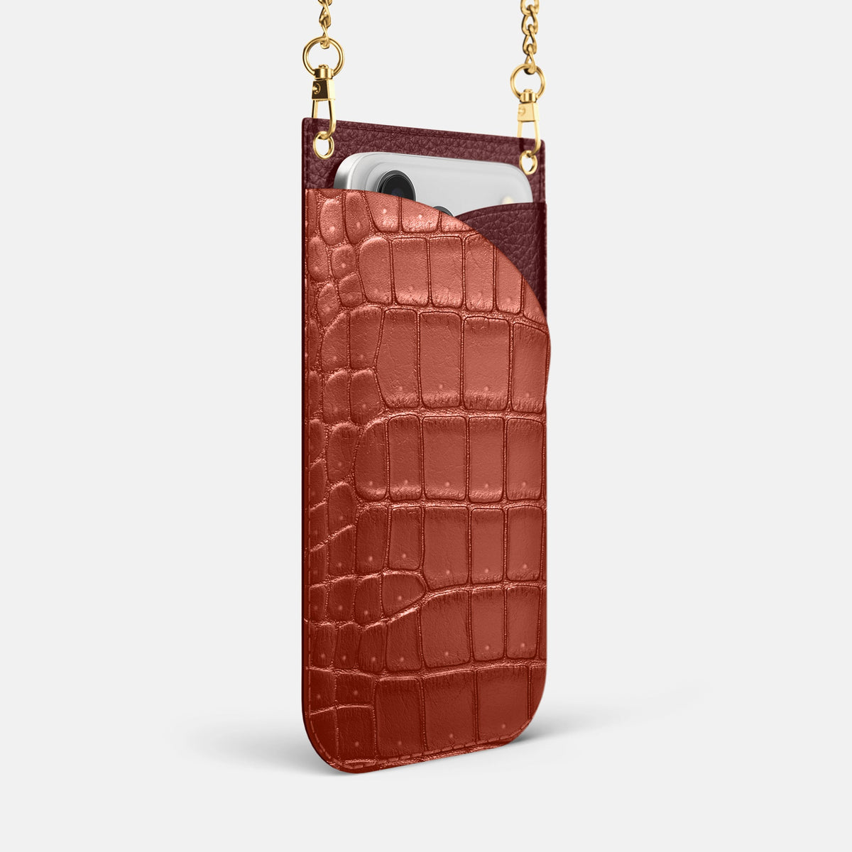 Crossbody Bag For iPhone 18 Pro Max In Porosus Crocodile -2 | Mahogany-Brown-Gold