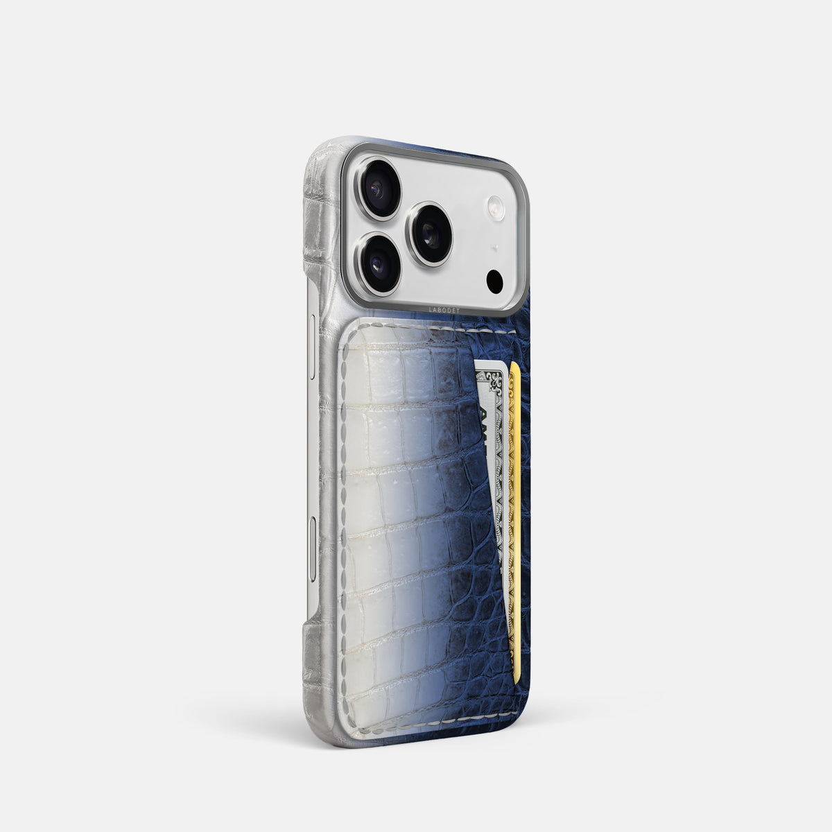 Double Card Case For iPhone 17 Pro In Himalayan Crocodile -2 | Navy-Blue-Steel