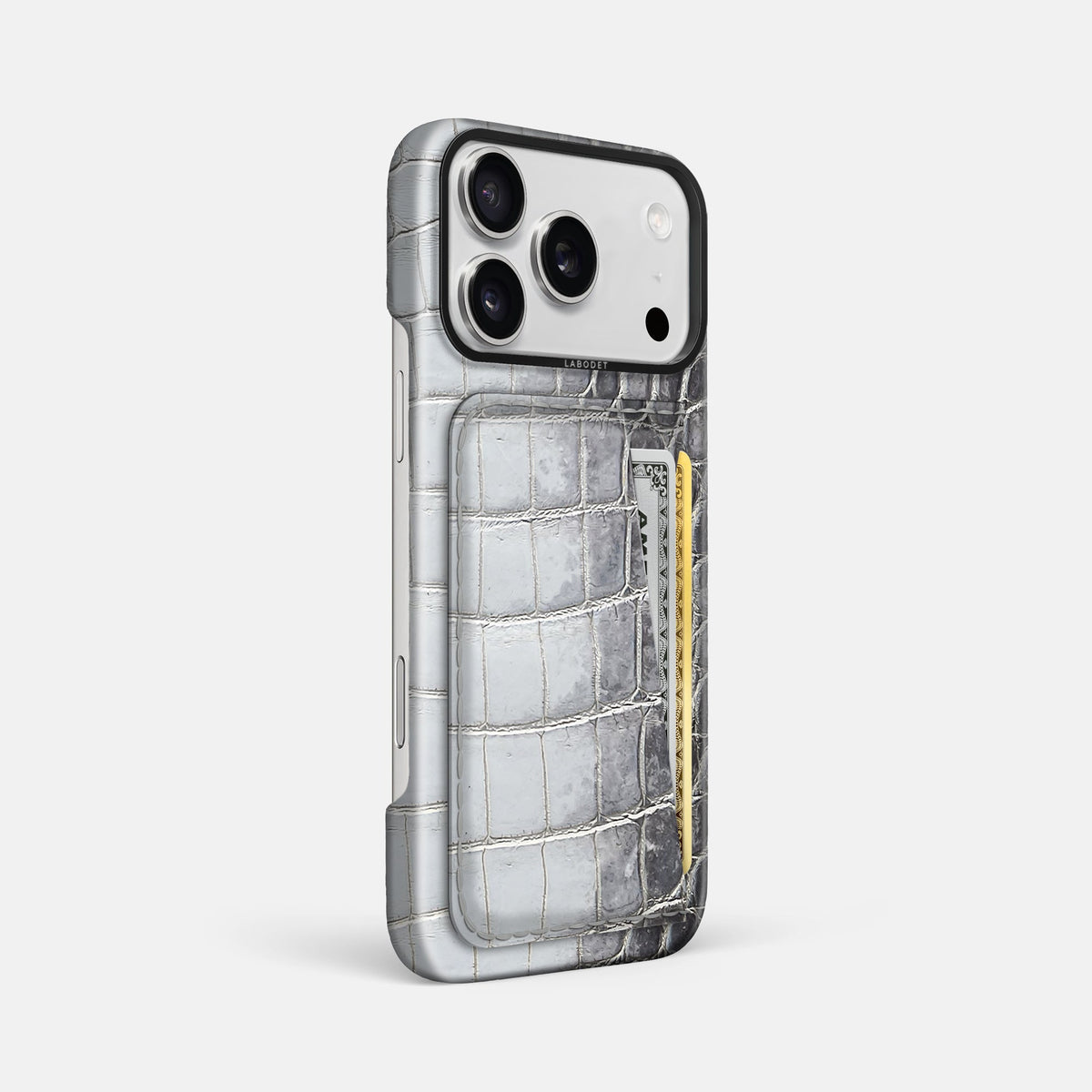 Double Card Case For iPhone 18 Pro Max In Himalayan Crocodile -2 | Silver-Black