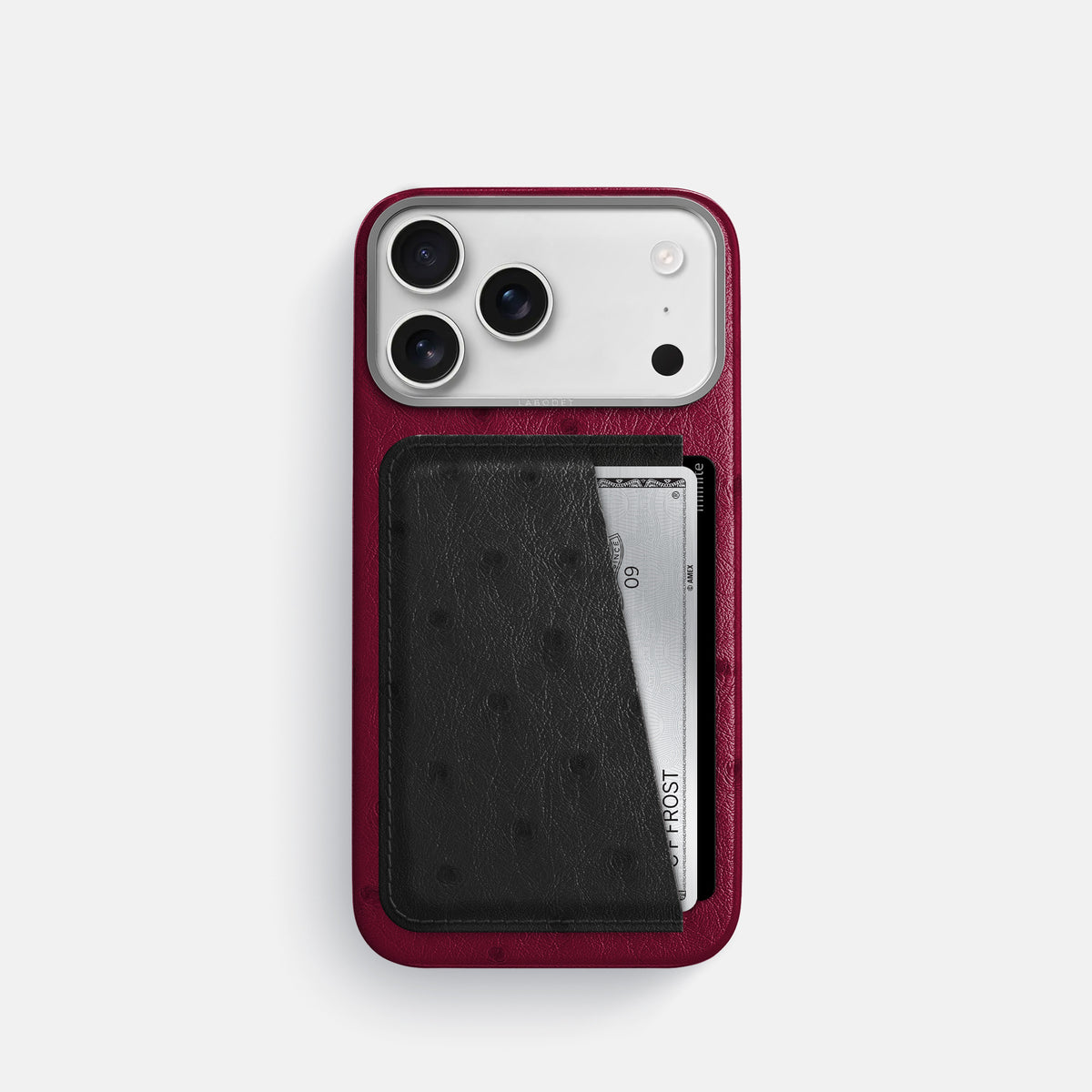 Double Card Case Coloré For iPhone 17 Pro In Ostrich -1 | Bordeaux-Steel