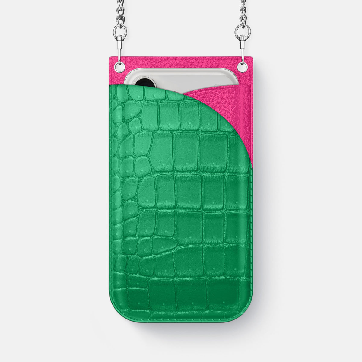 Crossbody Bag For iPhone 18 Pro Max In Porosus Crocodile -1 | Cactus-Green-Steel