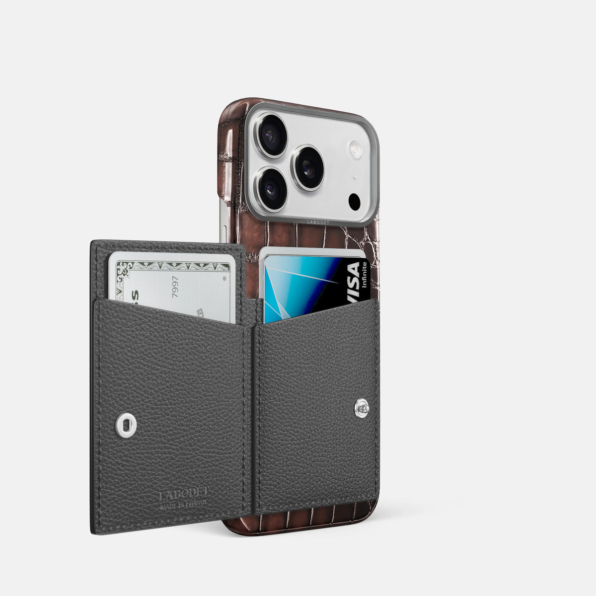 Bi-Fold Case For iPhone 17 Pro In Patina Alligator -2 | Havana-Brown-Steel