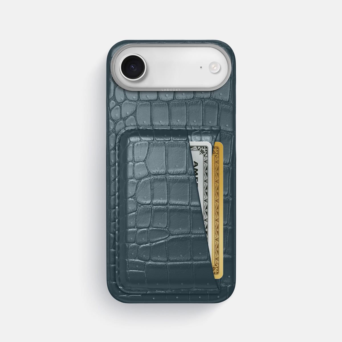 Double Card Case For iPhone 17 Air In Porosus Crocodile -1 | Denim-Steel