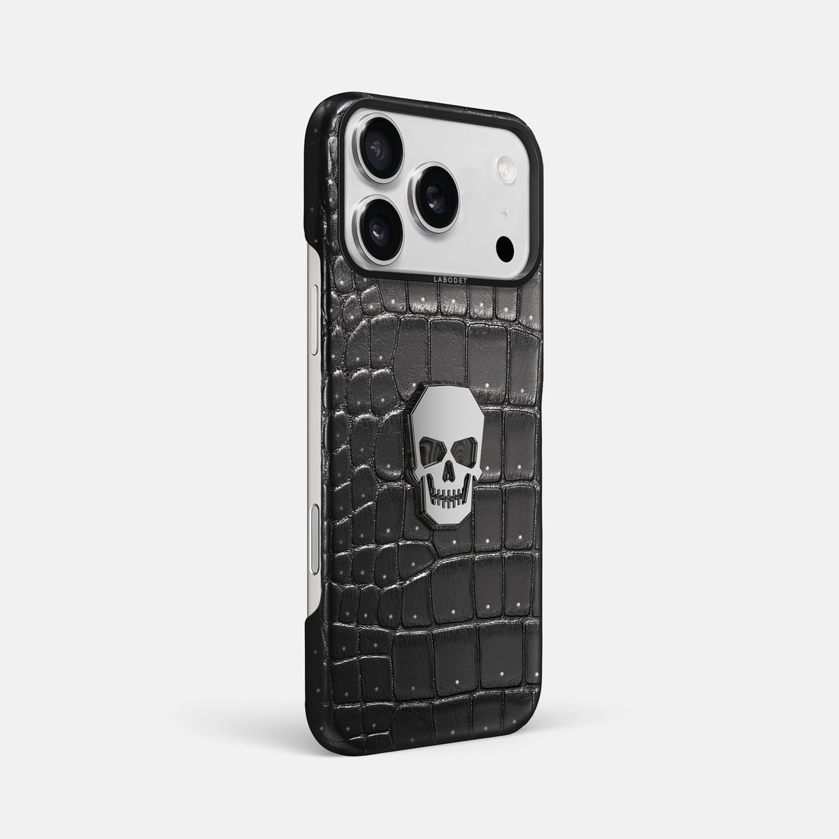 Classic Case With Titanium Skull For iPhone 17 Pro Max In Porosus Crocodile -2 | Shiny-Black-Black