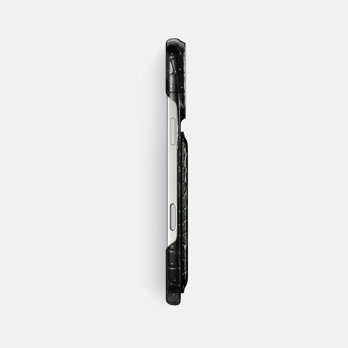 Double Card Case For iPhone 17 Pro Max In Porosus Crocodile -3 | Shiny-Black-Steel