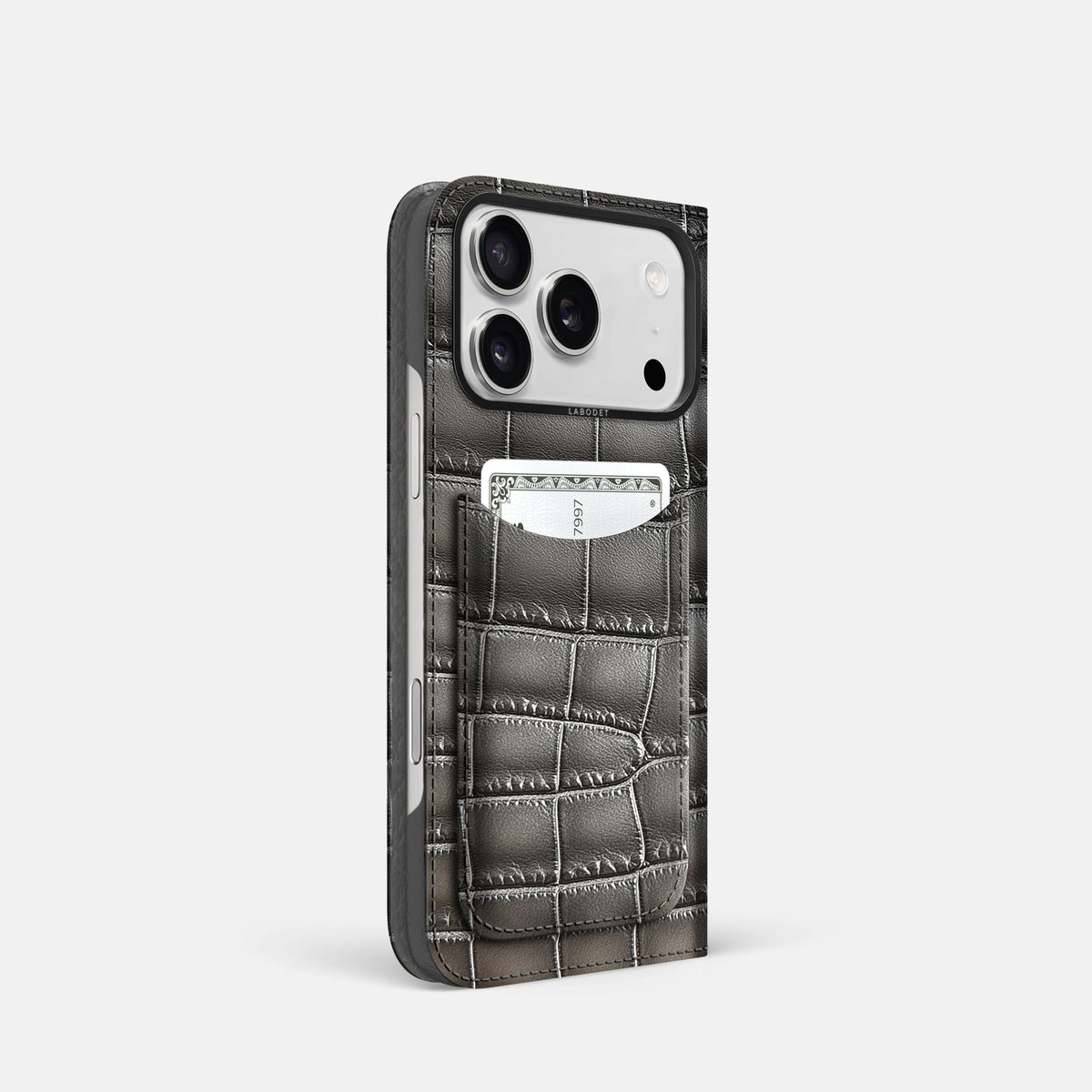 Folio Case with Card For iPhone 18 Pro In Patina Alligator -1 | Grey-Black