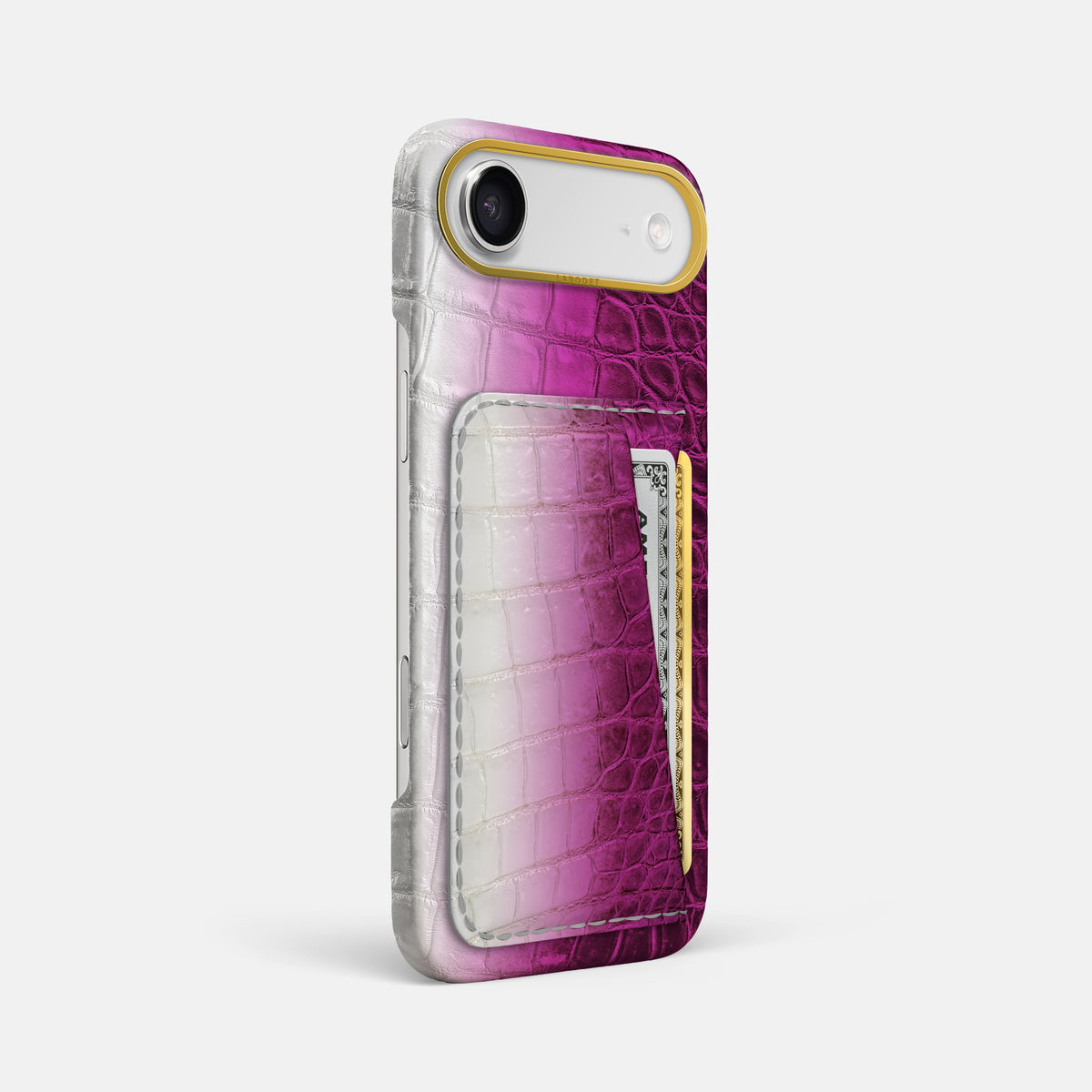 Double Card Case For iPhone 17 Air In Himalayan Crocodile -2 | Fuchsia-Gold