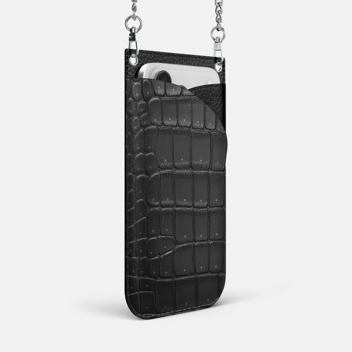 Crossbody Bag For iPhone 18 Pro Max In Porosus Crocodile -2 | Black-Steel