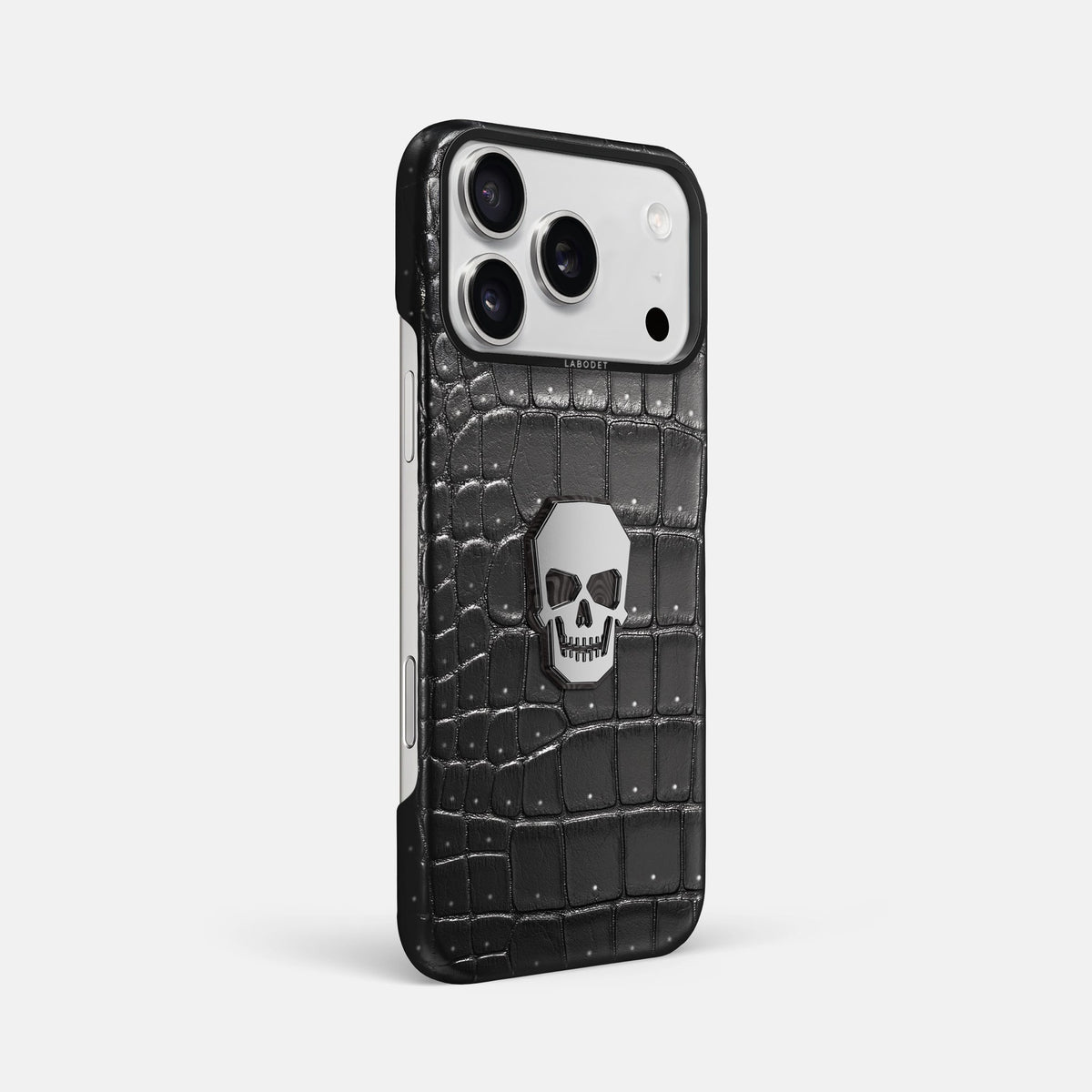 Classic Case With Titanium Skull For iPhone 18 Pro Max In Porosus Crocodile -2 | Shiny-Black-Black