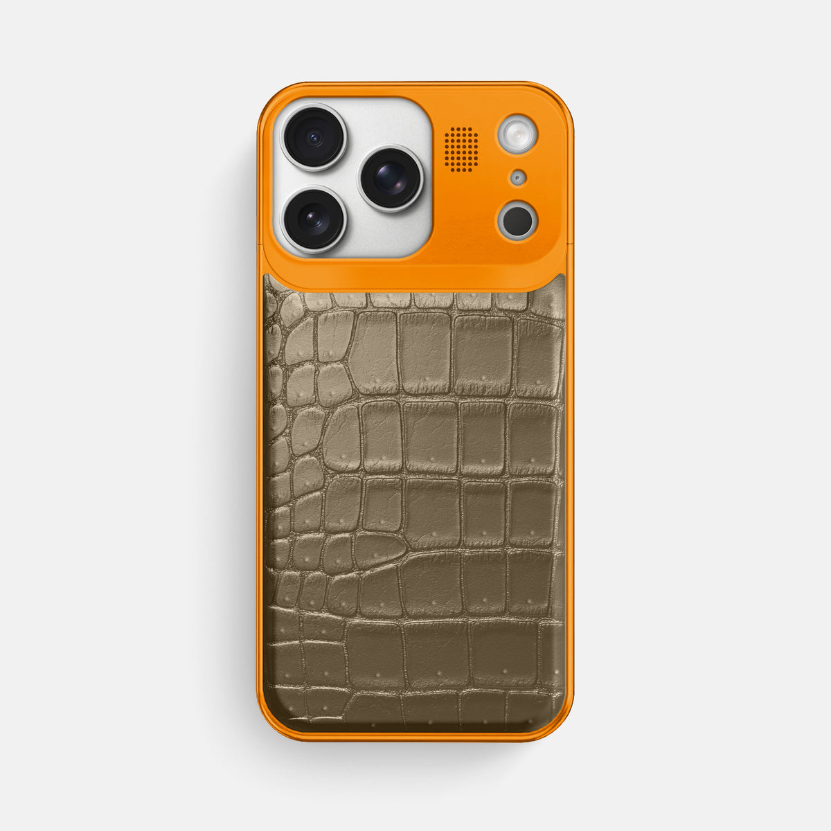 Metal Case For iPhone 17 Pro Max In Porosus Crocodile -1 | Kaki-Green-Orange