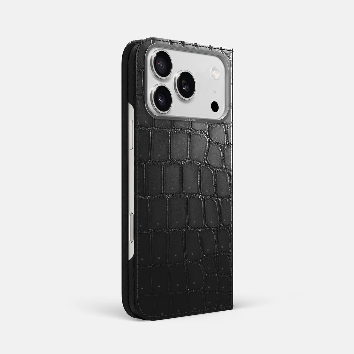 Folio Case For iPhone 17 Pro Max In Porosus Crocodile -1 | Shiny-Black-Steel