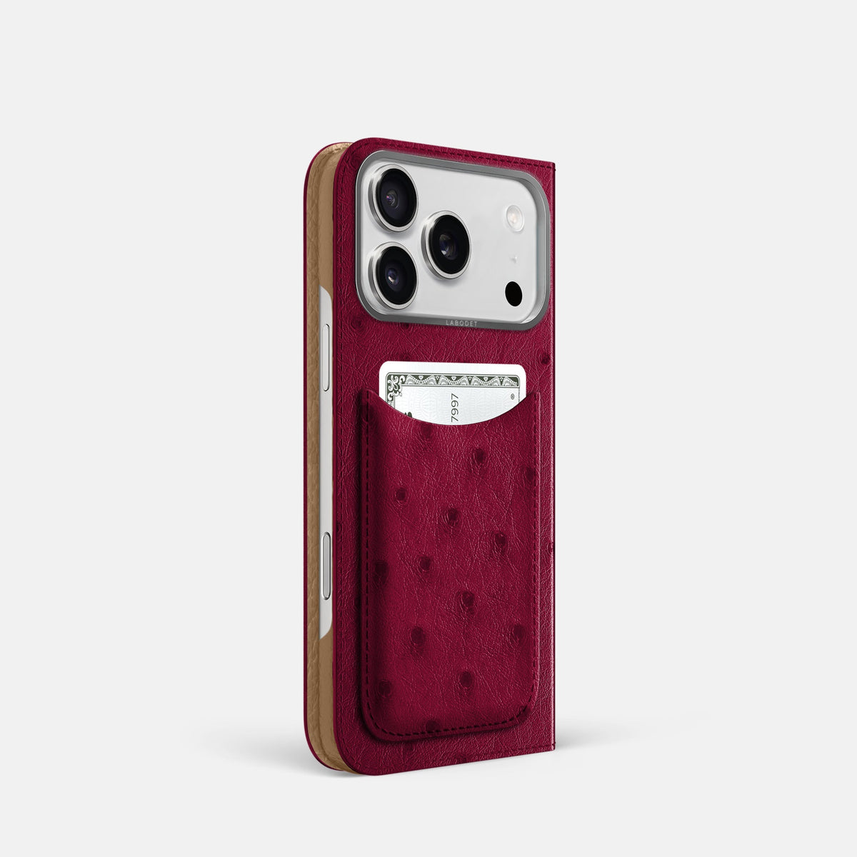 Folio Case with Card For iPhone 18 Pro In Ostrich -1 | Bordeaux-Steel