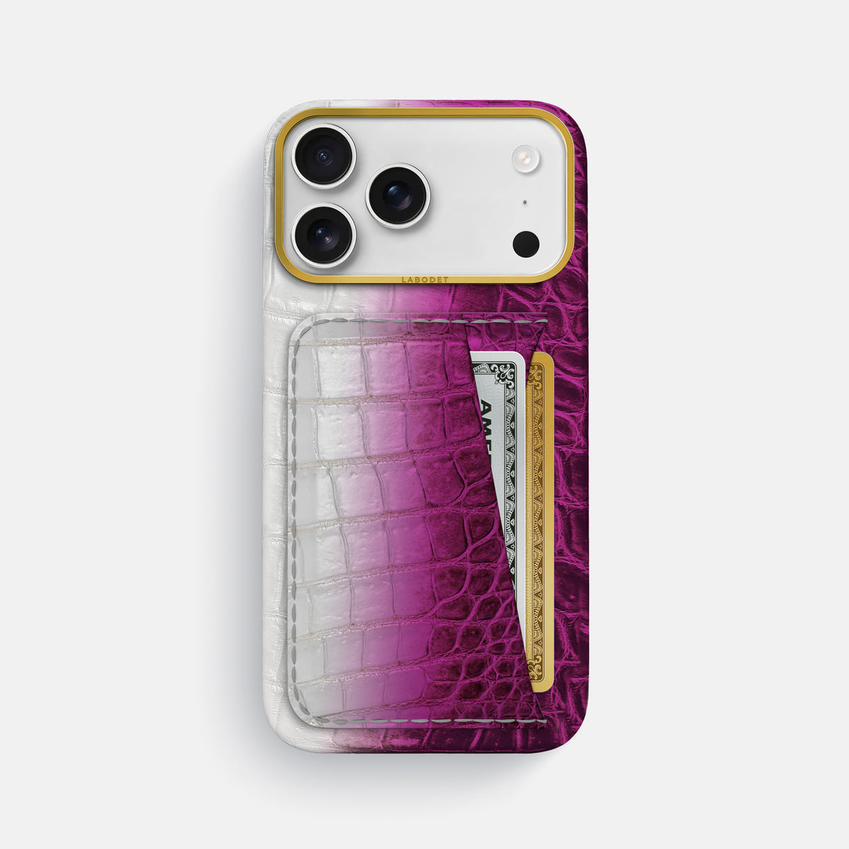 Double Card Case For iPhone 17 Pro Max In Himalayan Crocodile -1 | Fuchsia-Gold