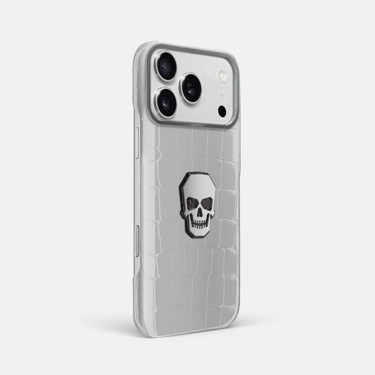 Classic Case With Titanium Skull For iPhone 18 Pro Max In Shiny Alligator -2 | White-Steel