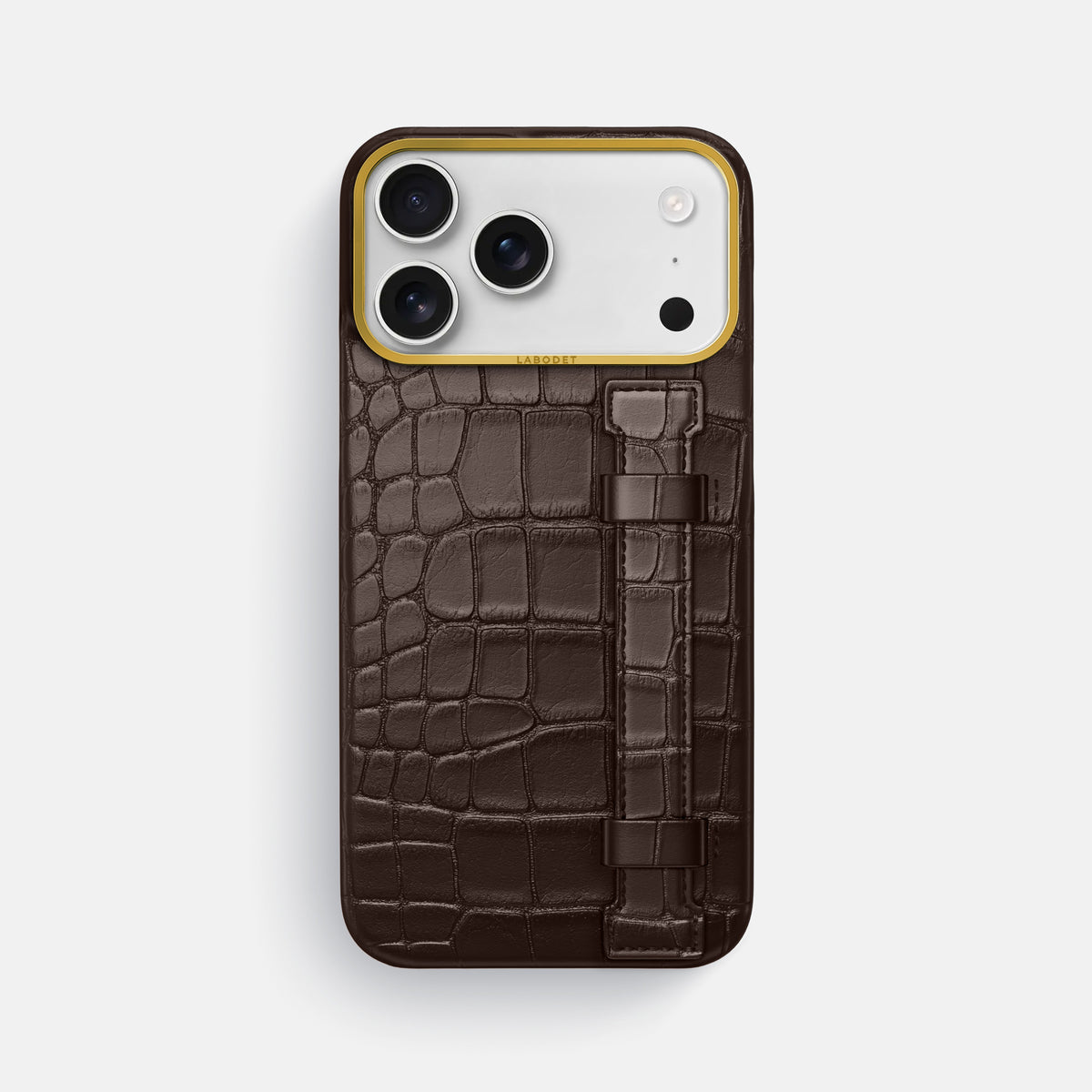 Handle Case For iPhone 17 Pro Max In Alligator -1 | Dark-Brown-Gold