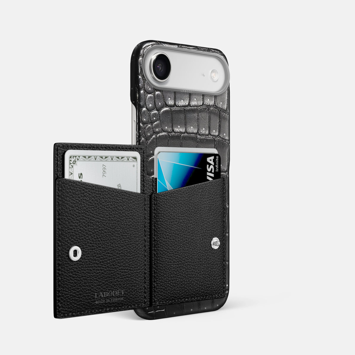 Bi-Fold Case For iPhone 17 Air In Porosus Crocodile -2 | Shiny-Black-Steel