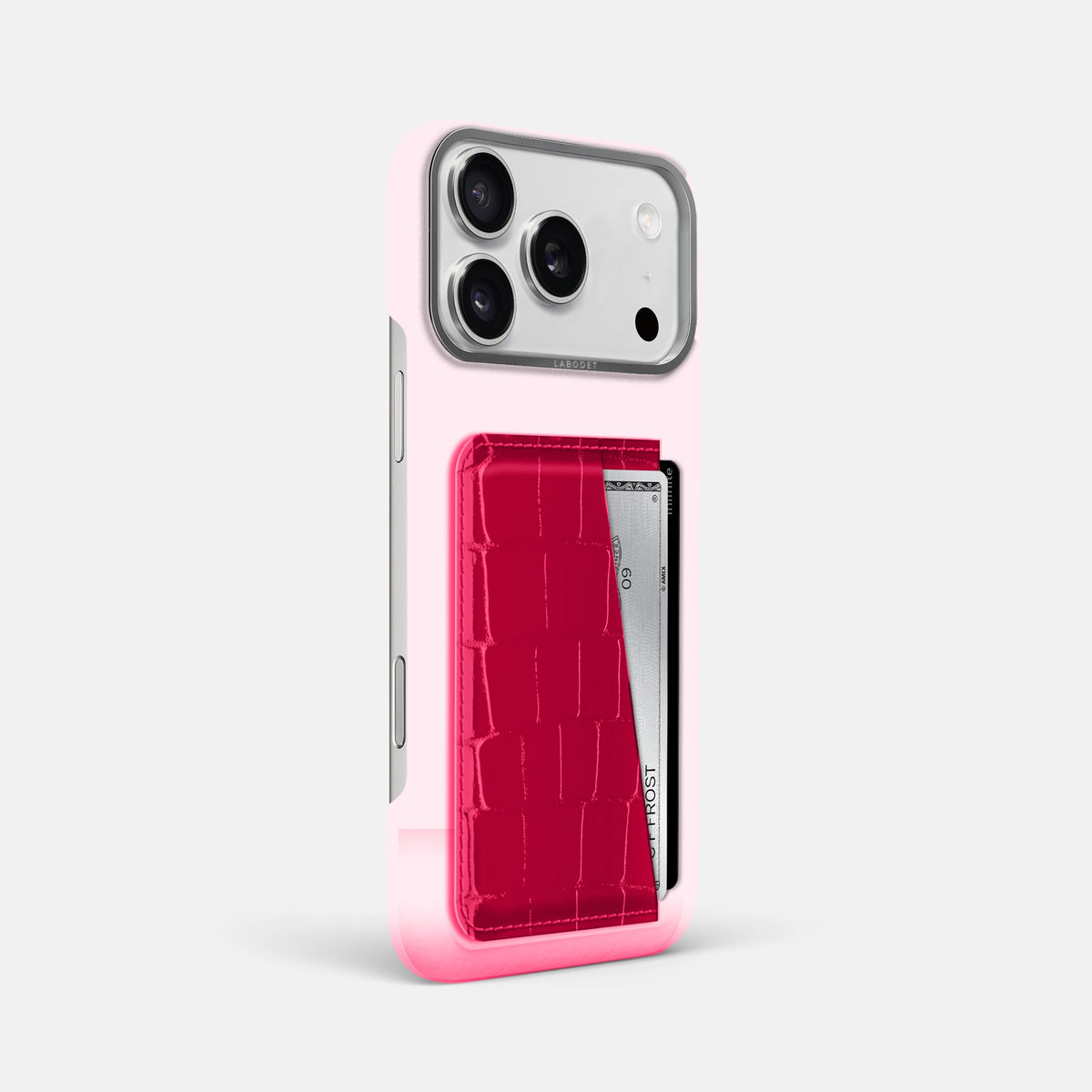 Double Card Case For iPhone 18 Pro Max In Shiny Alligator -2 | Pink-Panther-Steel