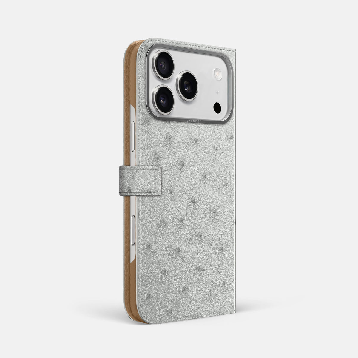 Folio Case with Clasp For iPhone 18 Pro Max In Ostrich -1 | White-Steel
