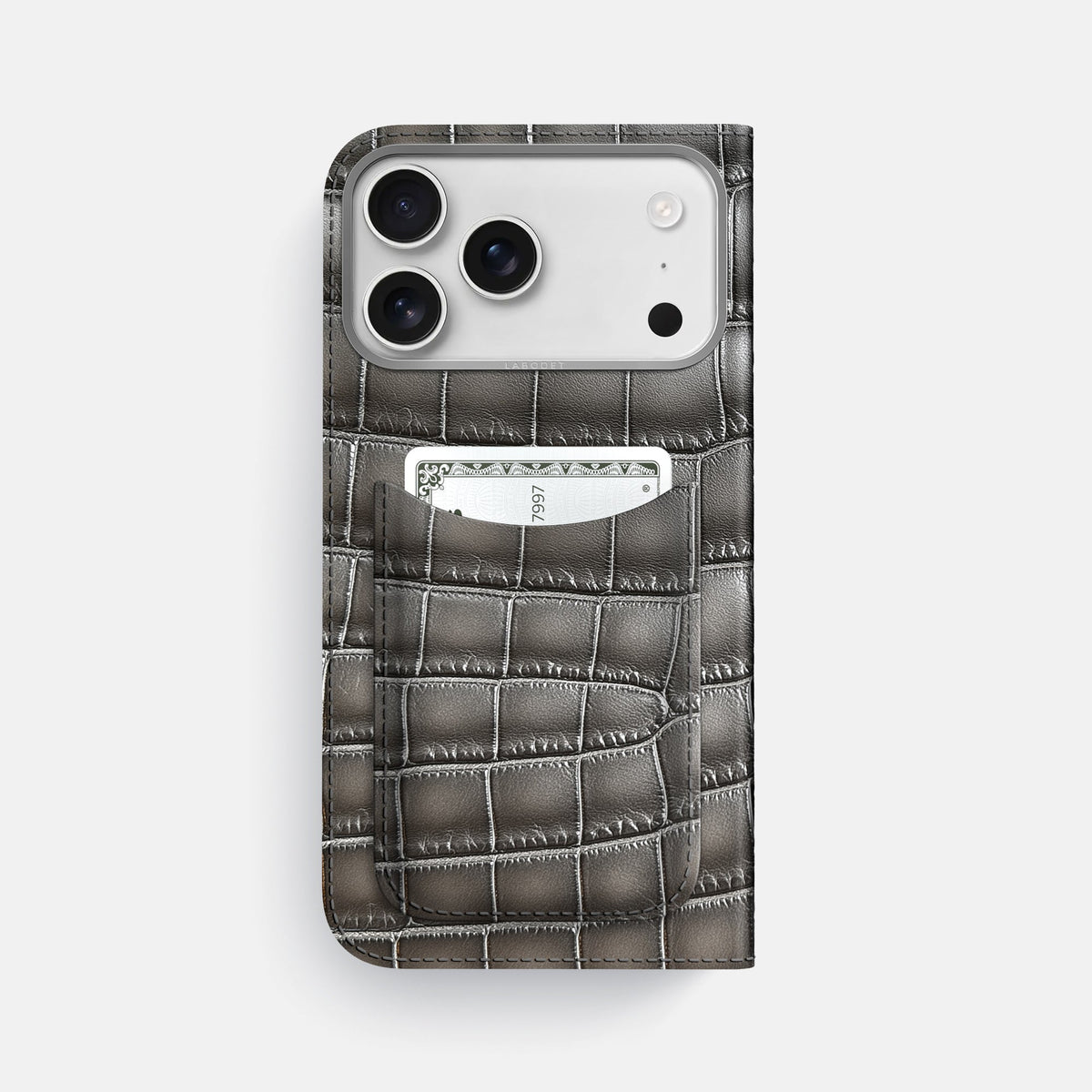 Folio Case with Card For iPhone 18 Pro Max In Patina Alligator -3 | Grey-Steel