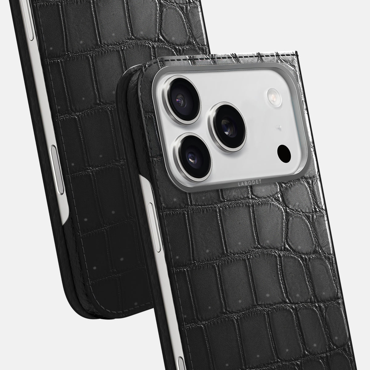 Folio Case For iPhone 17 Pro In Porosus Crocodile -5 | Shiny-Black-Steel