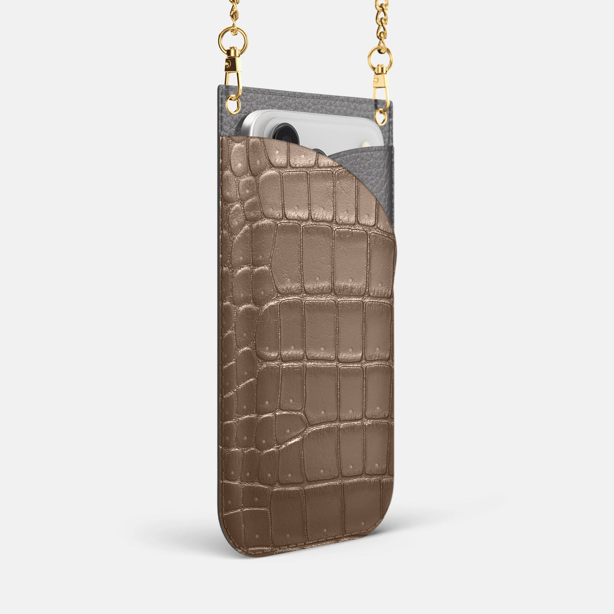 Crossbody Bag For iPhone 18 Pro Max In Porosus Crocodile -2 | Fur-Brown-Gold