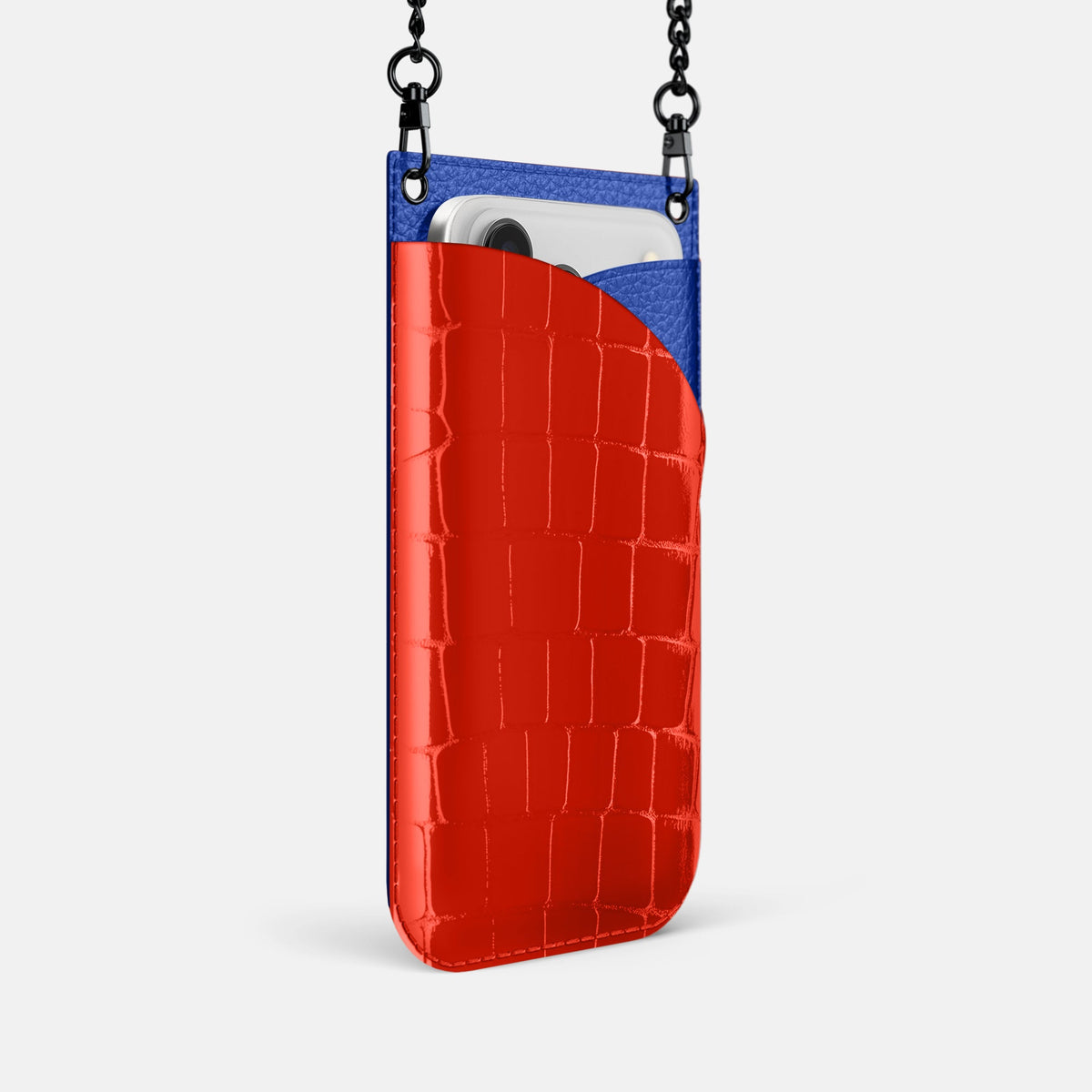 Crossbody Bag For iPhone 18 Pro In Shiny Alligator -2 | Coral-Orange-Black