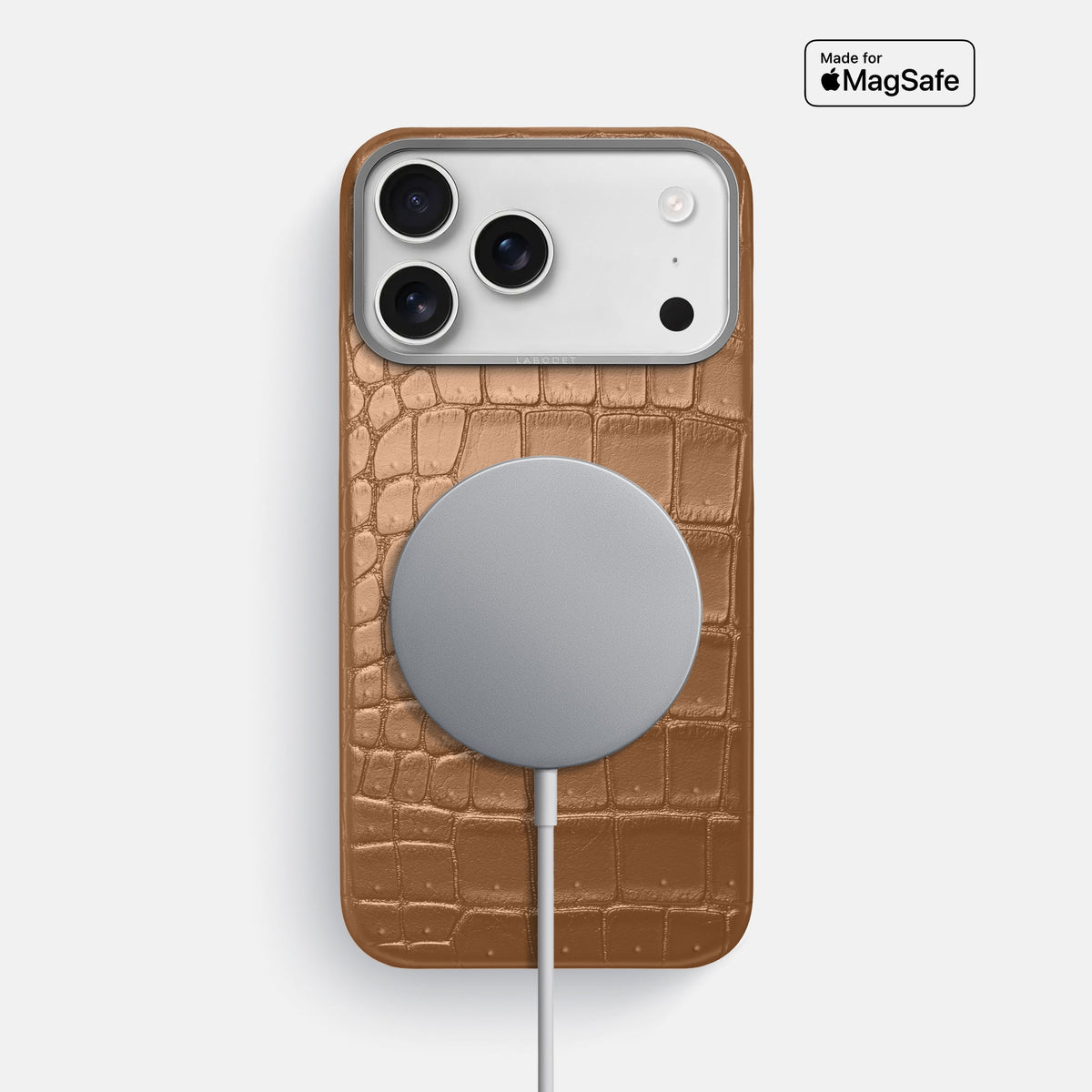 Classic Case For iPhone 18 Pro Max In Porosus Crocodile -5 | Milk-Chocolate-Steel