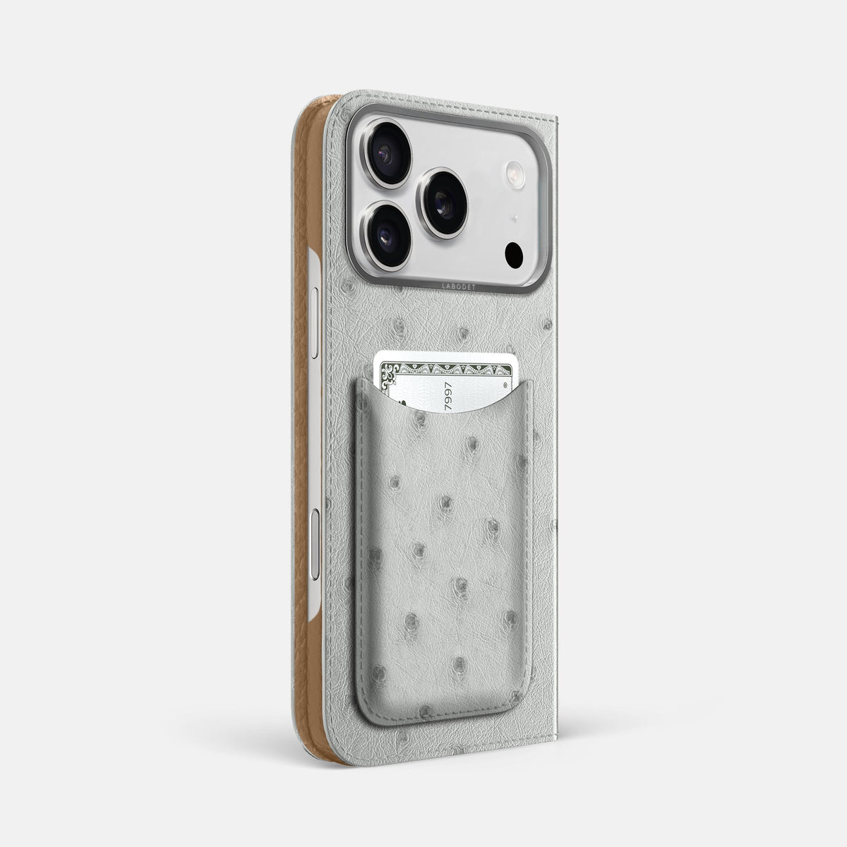 Folio Case with Card For iPhone 18 Pro Max In Ostrich -1 | White-Steel