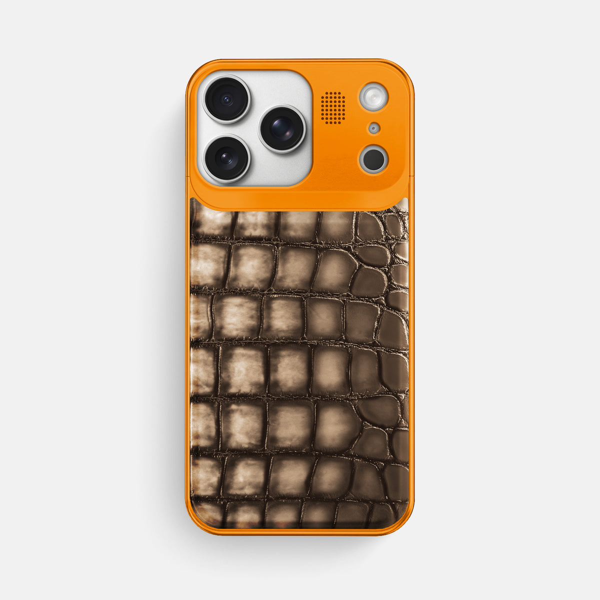 Metal Case For iPhone 17 Pro Max In Patina Alligator -1 | Etoupe-Orange