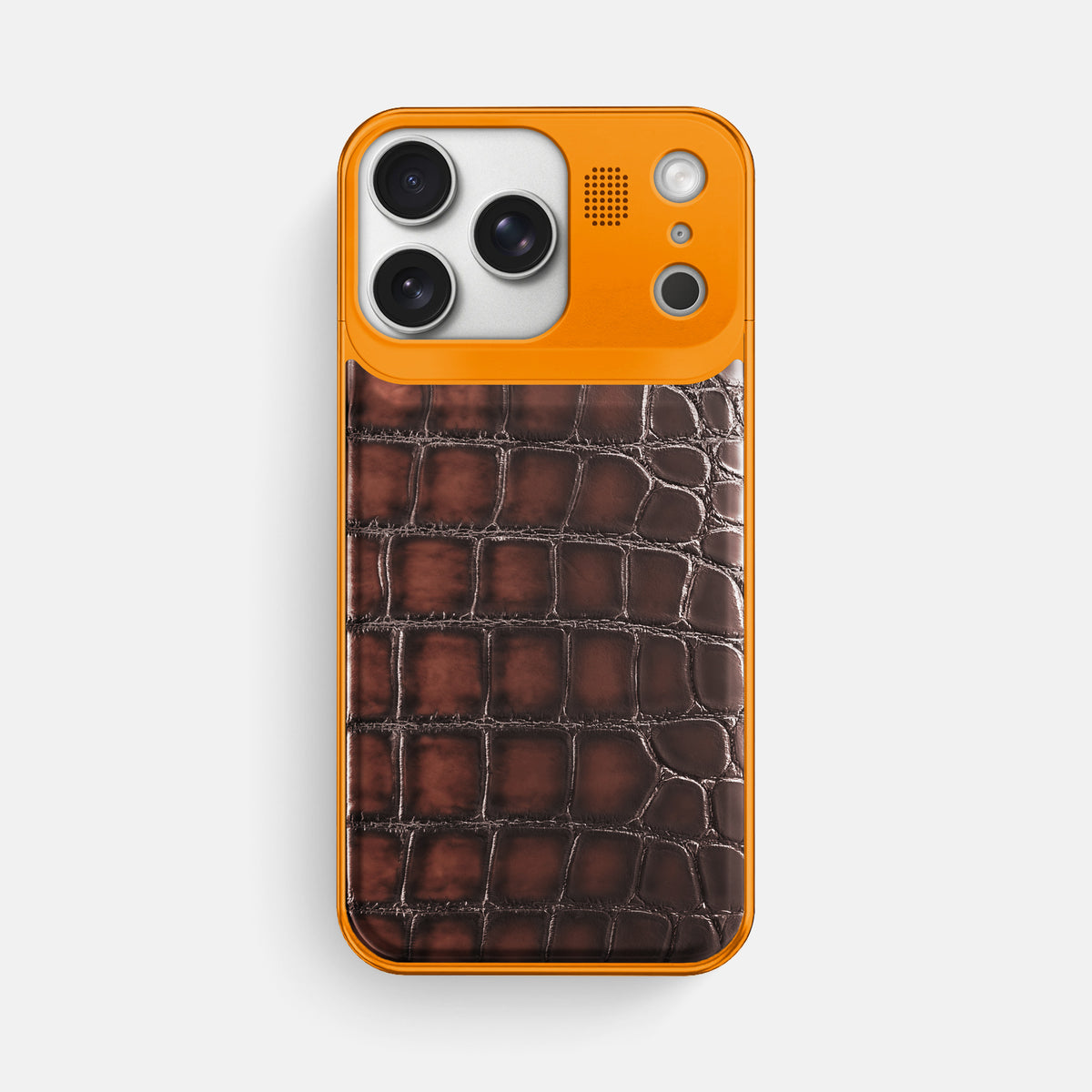 Metal Case For iPhone 17 Pro Max In Patina Alligator -1 | Havana-Brown-Orange