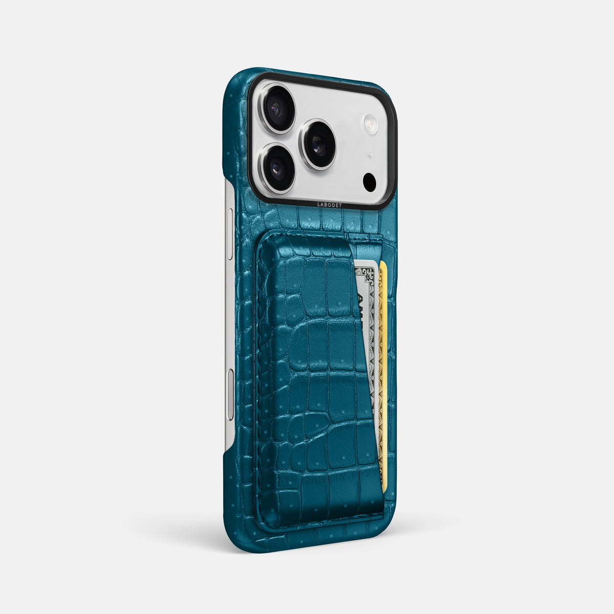 Double Card Case For iPhone 17 Pro Max In Porosus Crocodile -2 | Turquoise-Black