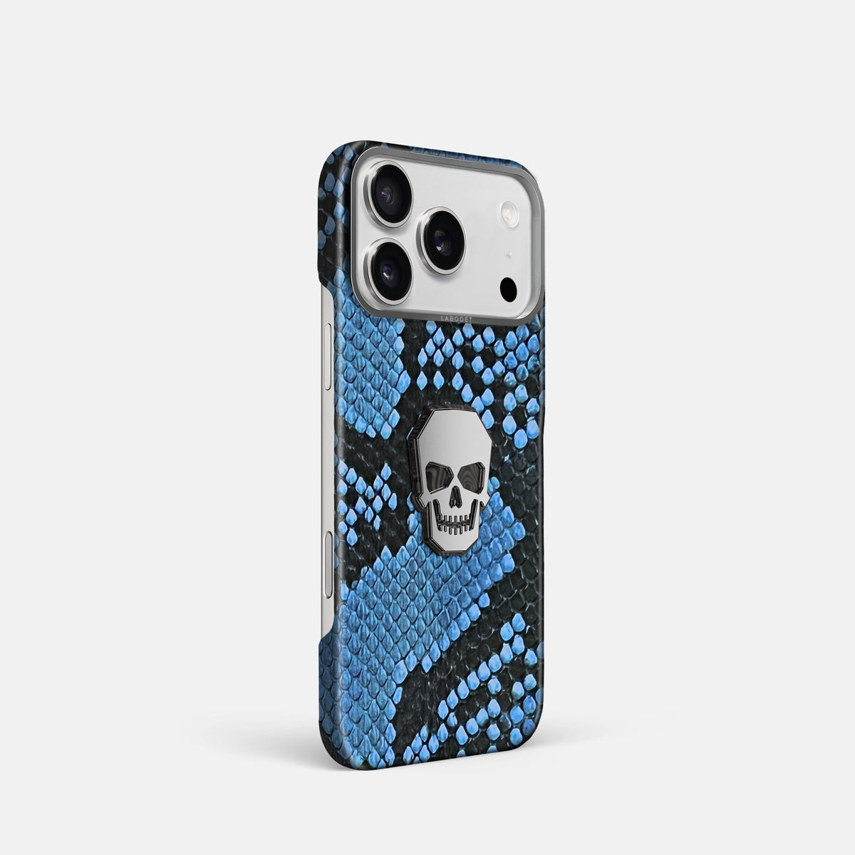 Classic Case With Titanium Skull For iPhone 18 Pro In Deluxe Python -2 | Blue-Jeans-Steel