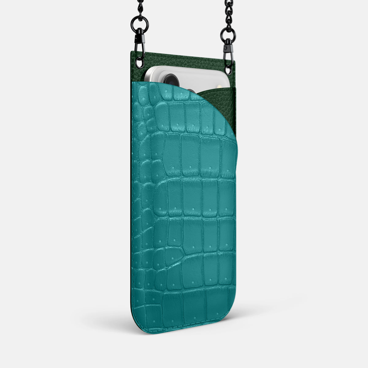 Crossbody Bag For iPhone 17 Pro Max In Porosus Crocodile -2 | Celadon-Black