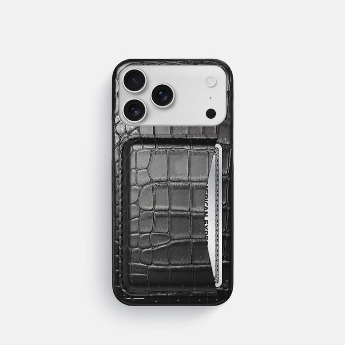 Slim Card Case For iPhone 17 Pro In Porosus Crocodile -1 | Shiny-Black