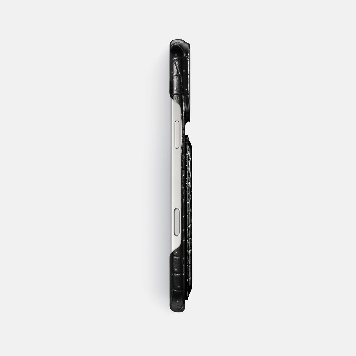 Double Card Case For iPhone 17 Pro Max In Porosus Crocodile -3 | Shiny-Black-Black