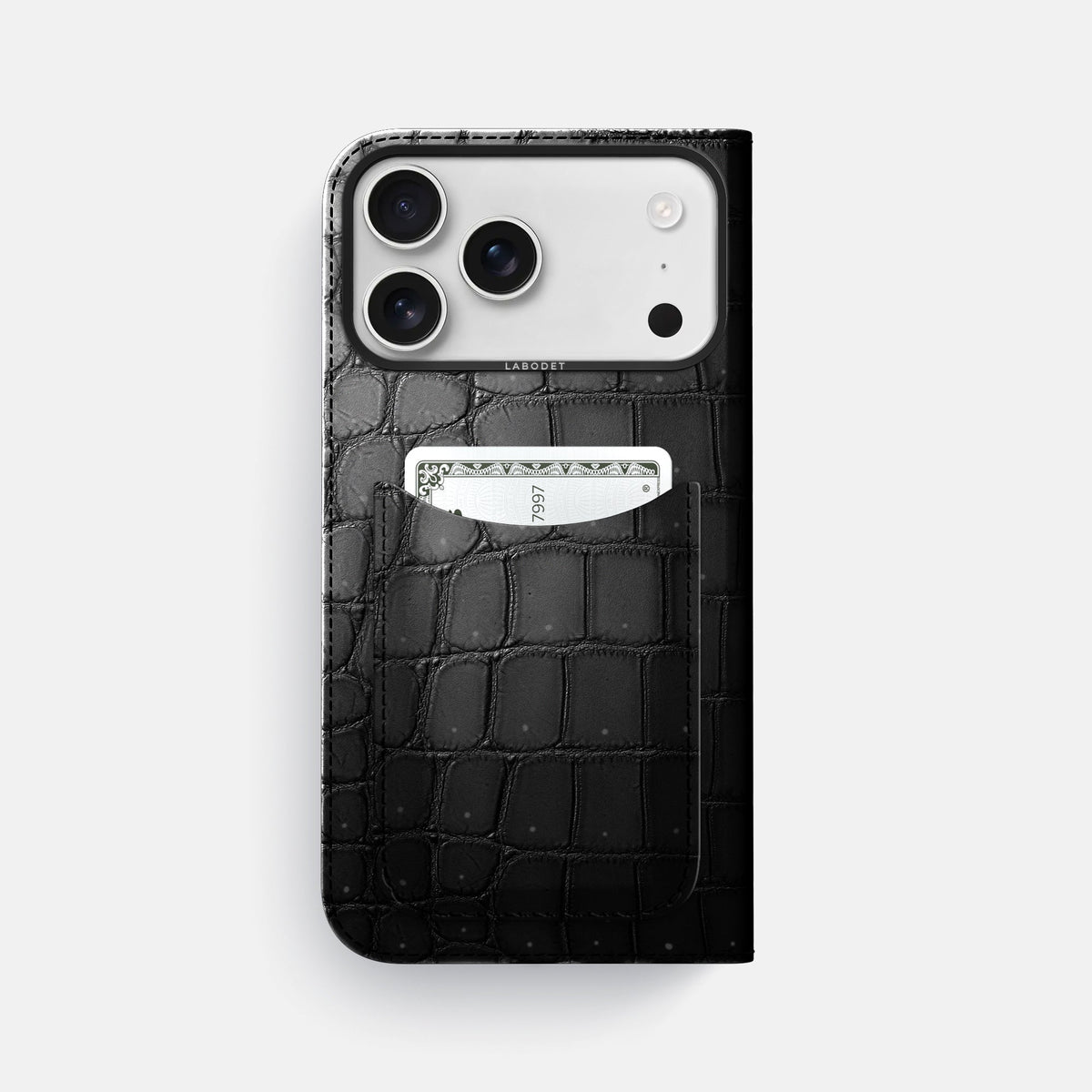 Folio Case with Card For iPhone 18 Pro Max In Porosus Crocodile -3 | Shiny-Black-Black