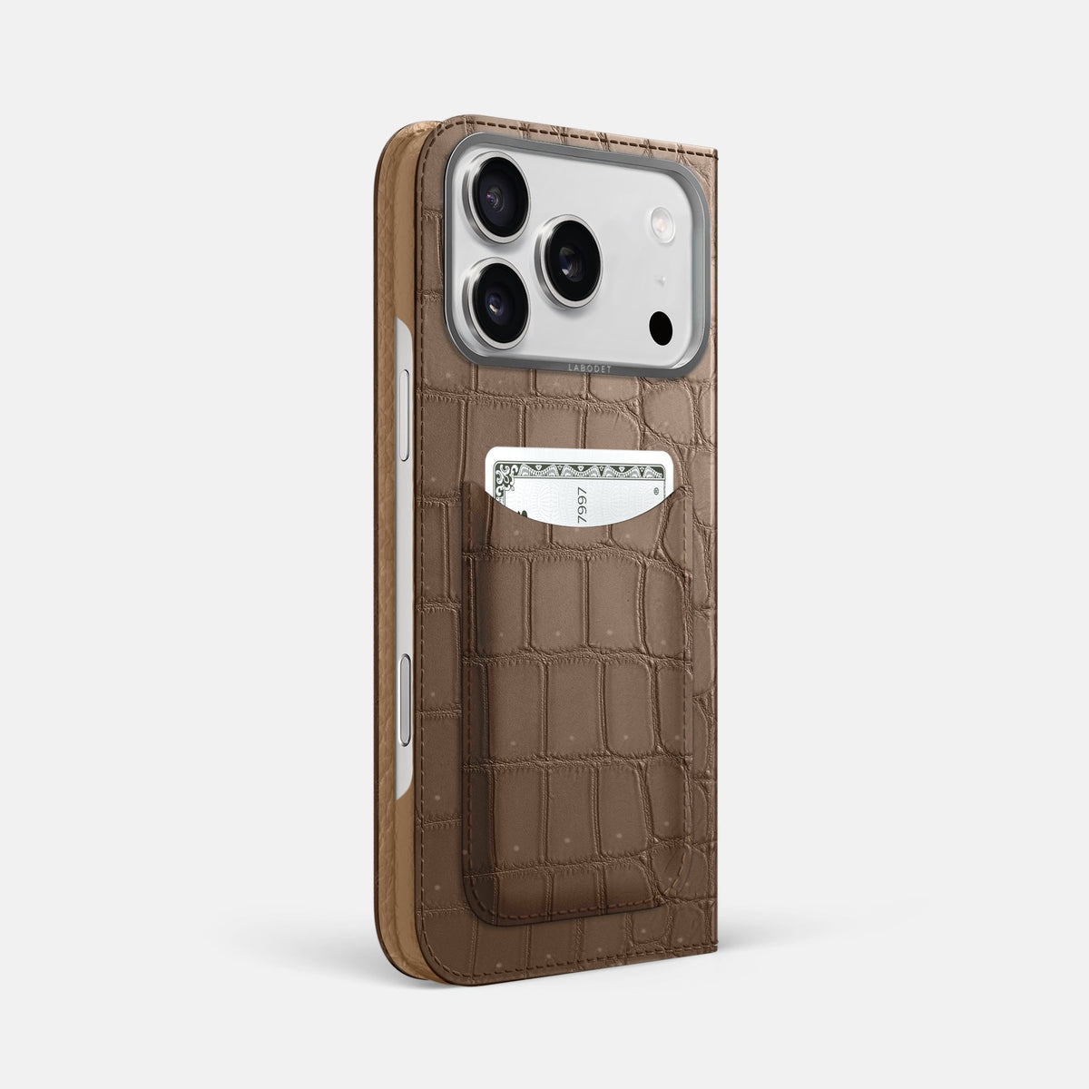 Folio Case with Card For iPhone 18 Pro Max In Porosus Crocodile -1 | Fur-Brown-Steel