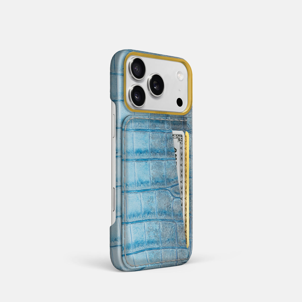 Double Card Case For iPhone 17 Pro In Himalayan Crocodile -2 | Ice-Blue-Gold