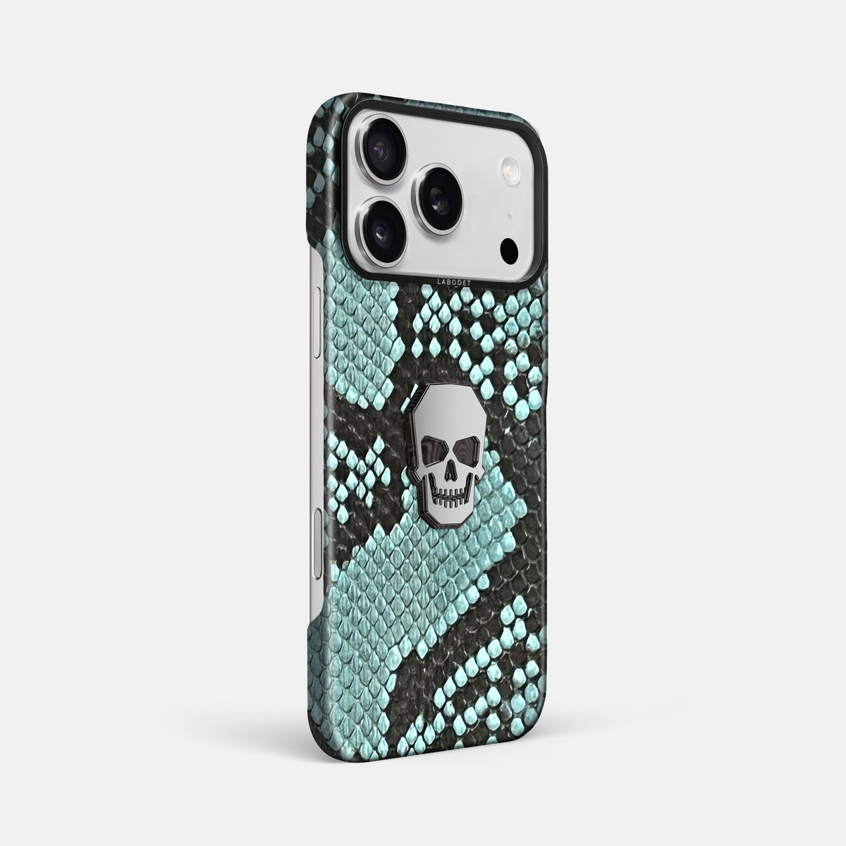 Classic Case With Titanium Skull For iPhone 18 Pro Max In Deluxe Python -2 | Blue-Lagoon-Black