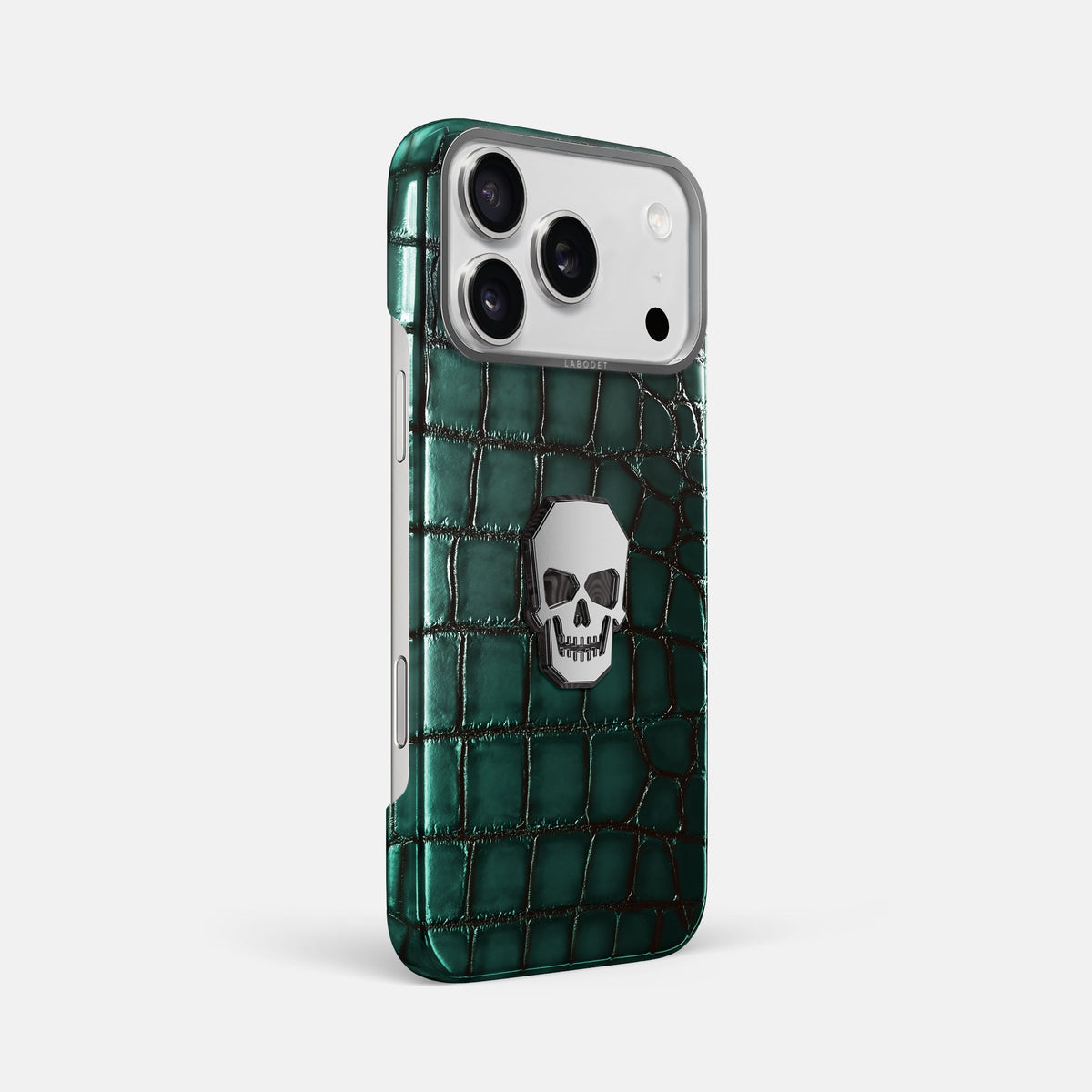 Classic Case With Titanium Skull For iPhone 18 Pro Max In Patina Alligator -2 | Green-Steel