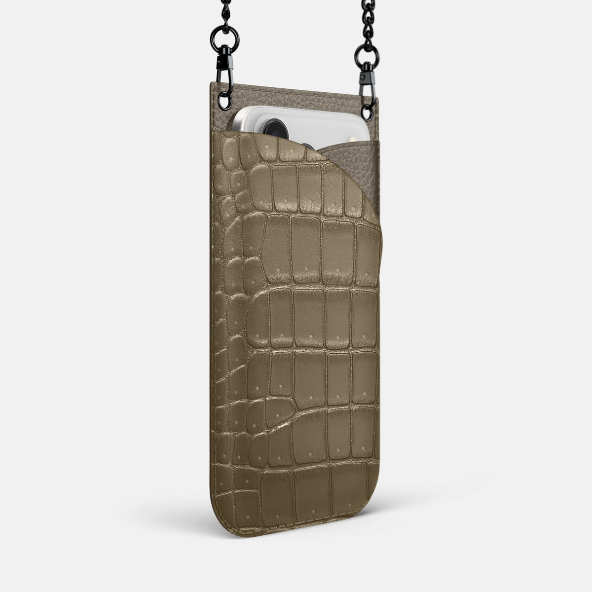 Crossbody Bag For iPhone 18 Pro Max In Porosus Crocodile -2 | Kaki-Green-Black