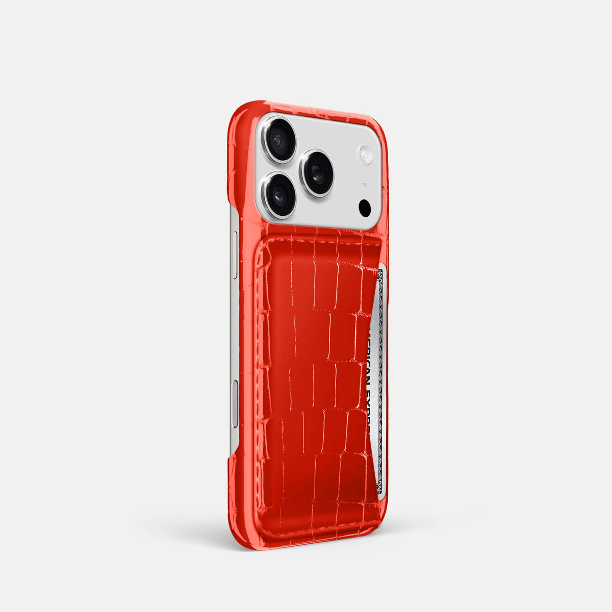 Slim Card Case For iPhone 18 Pro In Shiny Alligator -2 | Coral-Orange