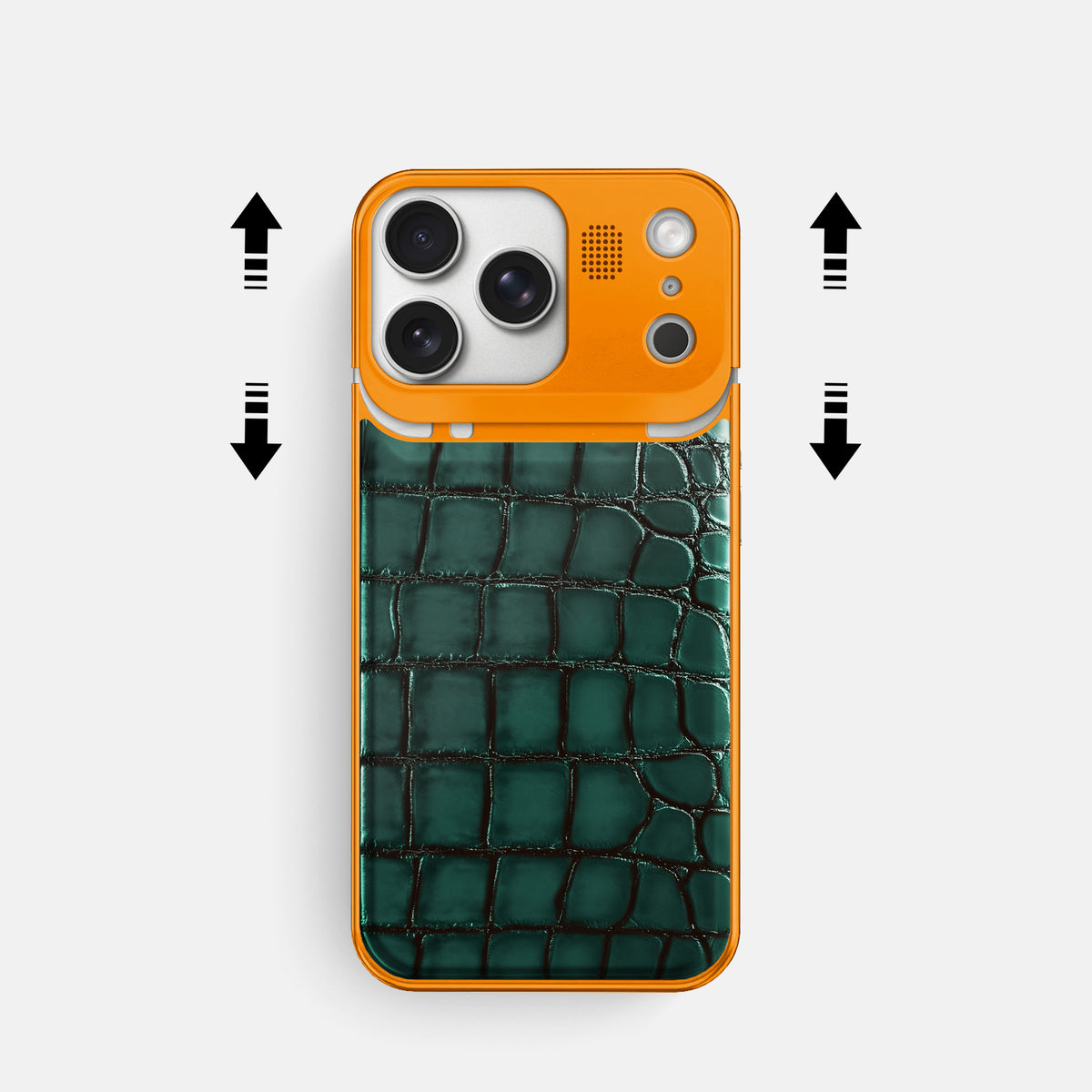 Metal Case For iPhone 17 Pro In Patina Alligator -2 | Green-Orange