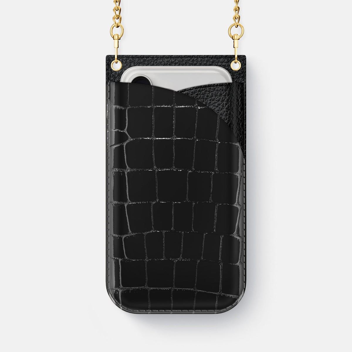 Crossbody Bag For iPhone 18 Pro Max In Shiny Alligator -1 | Black-Gold