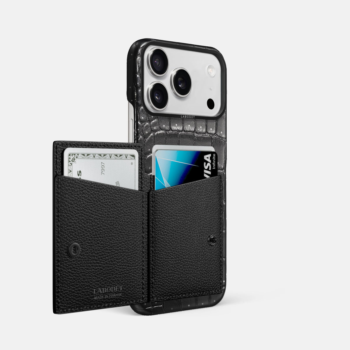 Bi-Fold Case For iPhone 18 Pro Max In Porosus Crocodile -2 | Shiny-Black-Black