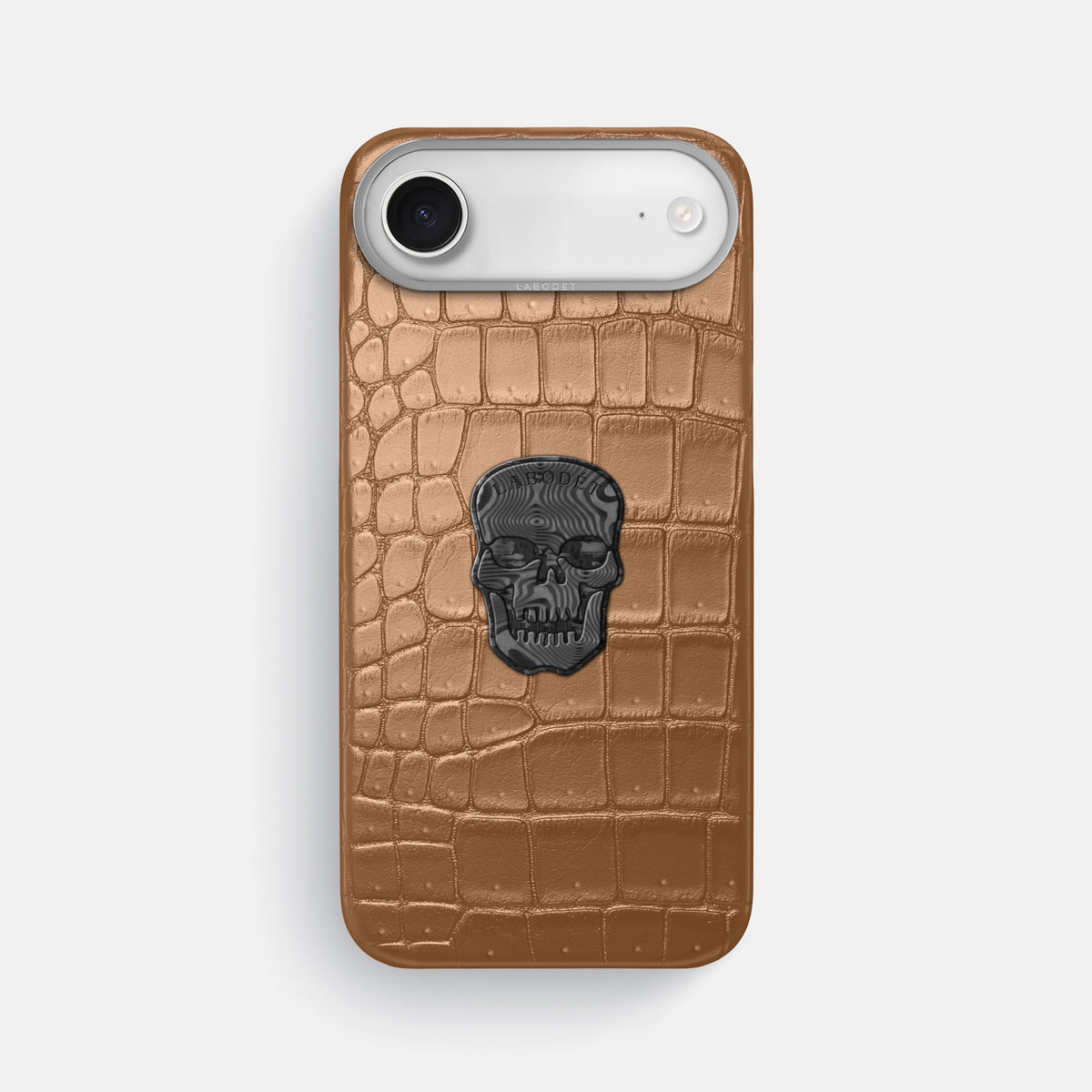 Classic Case With Carbon Skull For iPhone 17 Air In Porosus Crocodile -1 | Milk-Chocolate-Steel
