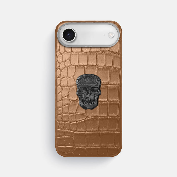 Classic Case With Carbon Skull For iPhone 17 Air In Porosus Crocodile -1 | Milk-Chocolate-Steel