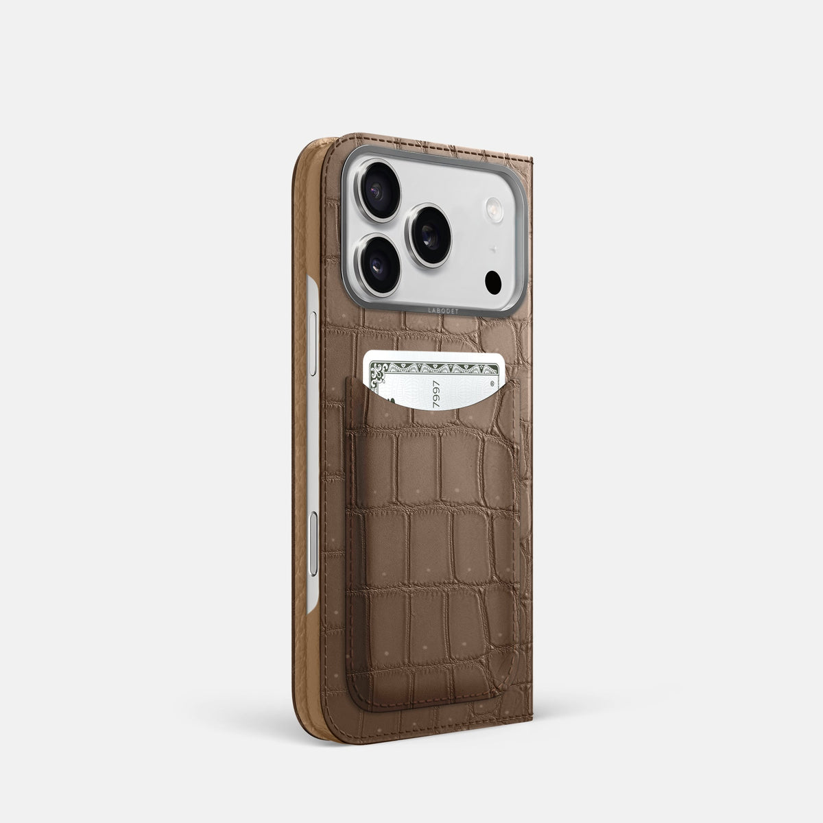 Folio Case with Card For iPhone 18 Pro In Porosus Crocodile -1 | Fur-Brown-Steel